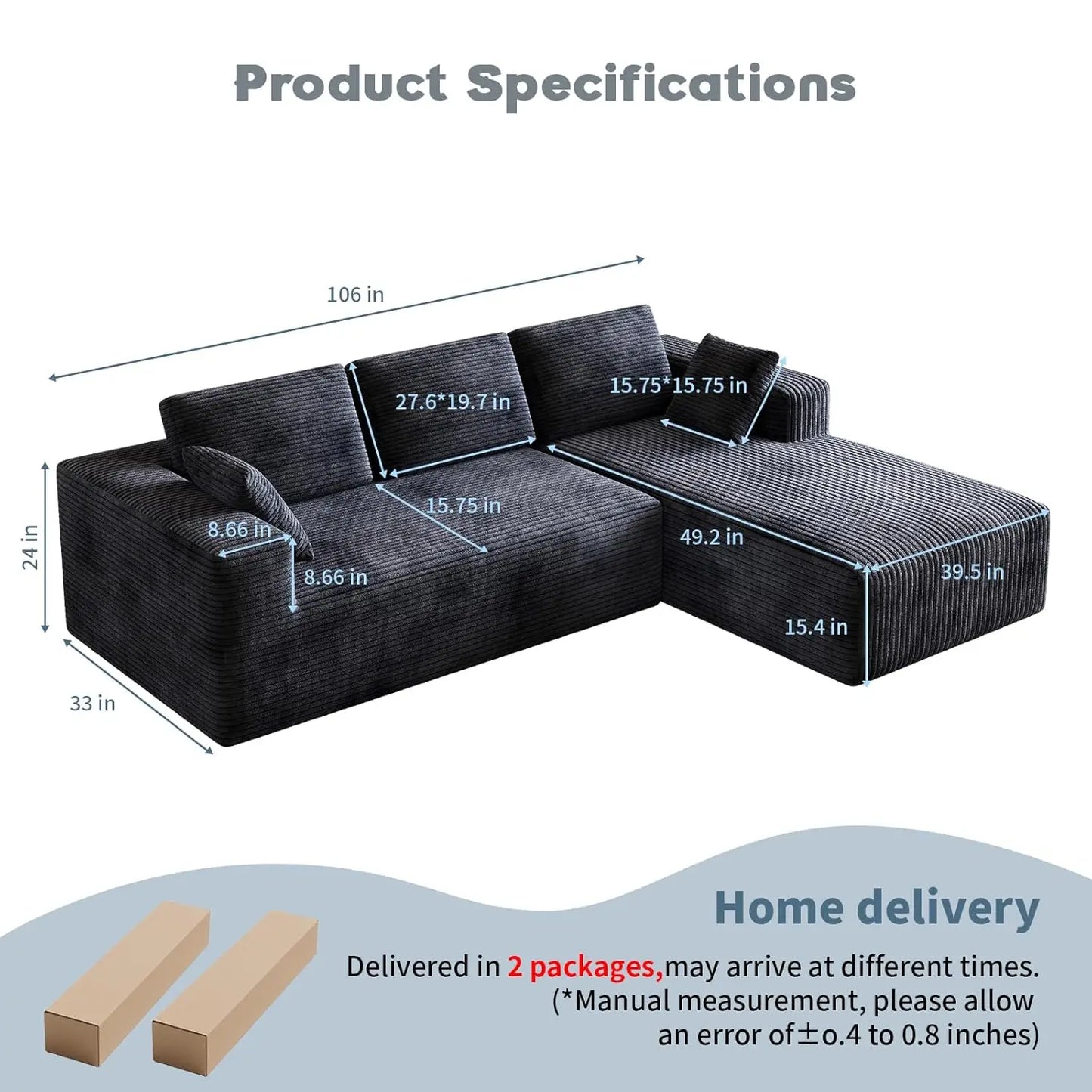 106" Corduroy Sectional Couch, Boneless L Shaped Couch with Deep Seat, Cloud Foam Sofa with Oversized Chaise,, Customized