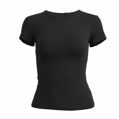 Womens tight fitting, sporty TEE Shirt in several solid colors.