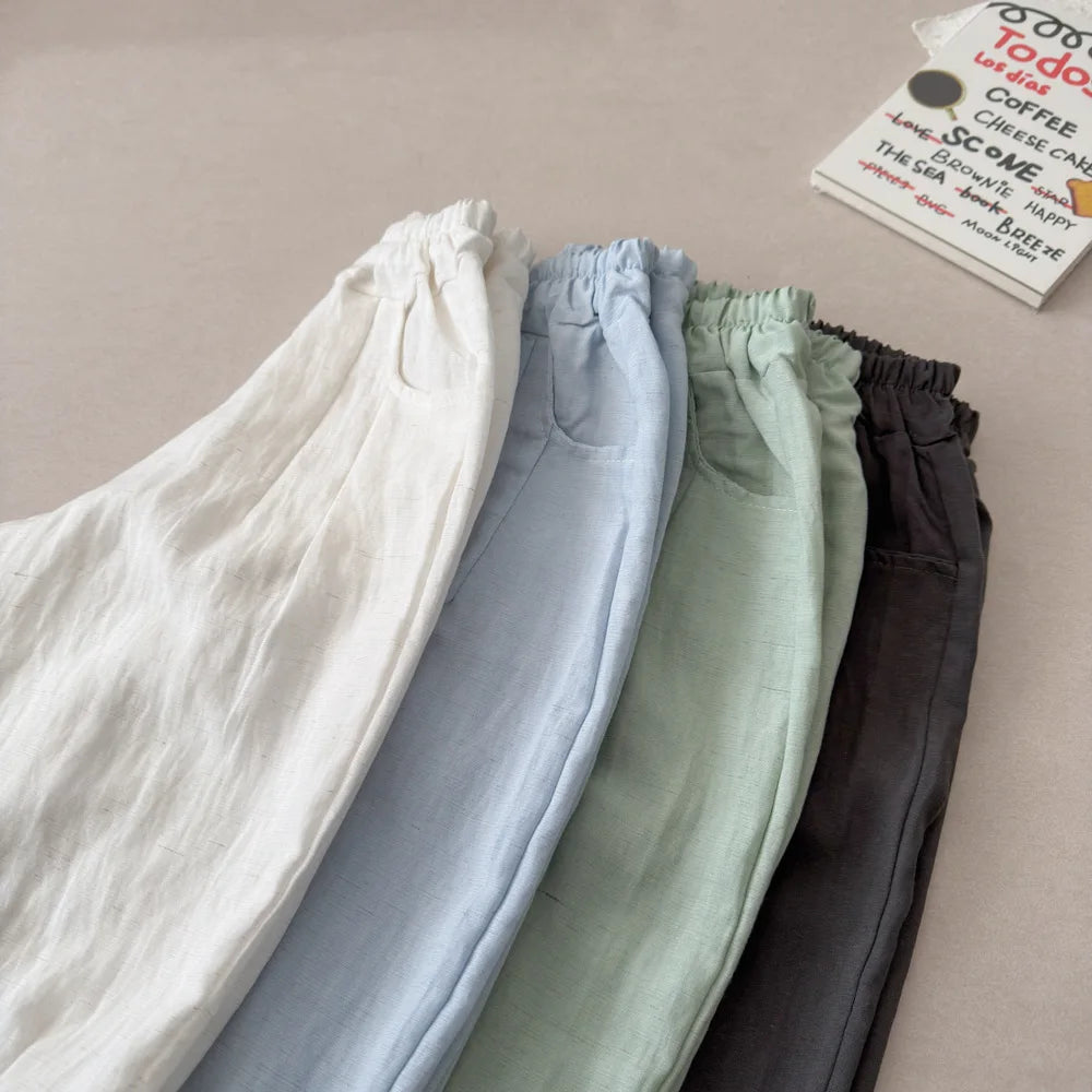 Solid Color Linen Children's Pants, Kids Loose Thin Trousers,  Summer Flax Harem Pants