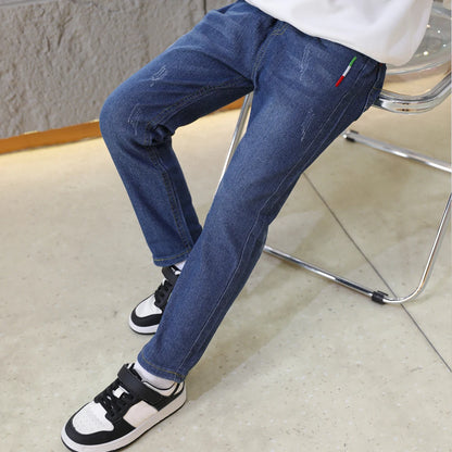 Kids Slim Jeans.  Teen Boys Casual Trousers,  Child Elastic Waist Pants,  4-11 Years of age. Solid Color Straight Denim Pants