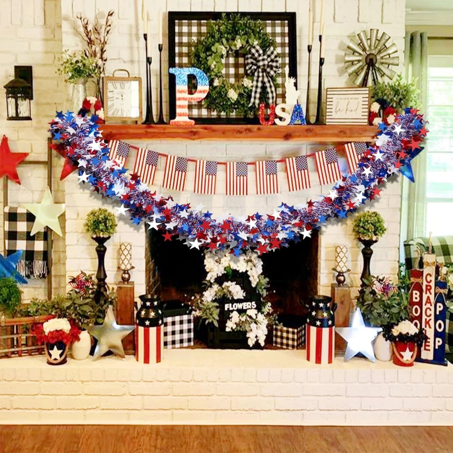 4th of July Garland Decorations,Glitter Tinsel Patriotic Decor for Tree Car Golf Cart Parade Float Bike Party Table Yard Door