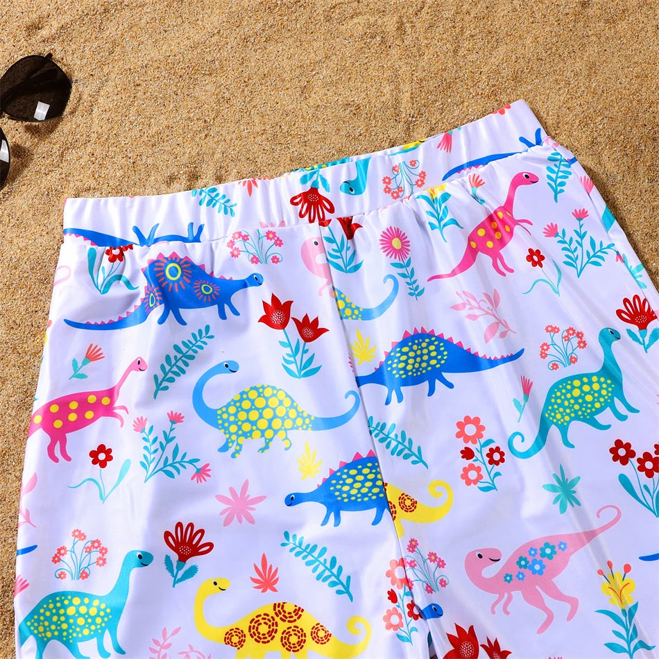 Dinosaurs Swimwear,  Matching  Family Swimwear with V-Neck Mother /Daughter Swimsuits Mommy and Me Dresses Clothes Father /Son Swim Shorts