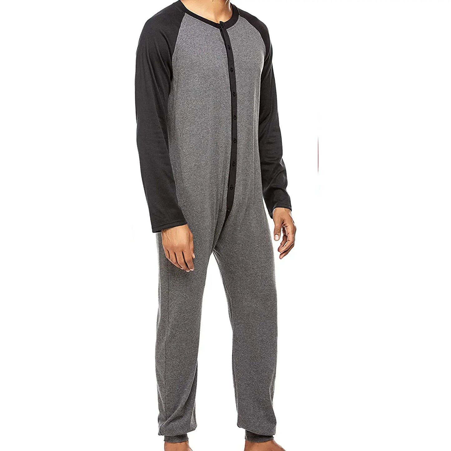 Men s Button Down  s Pajama Long Sleeve Round Neck Color Block Jumpsuit Nightwear For Adults