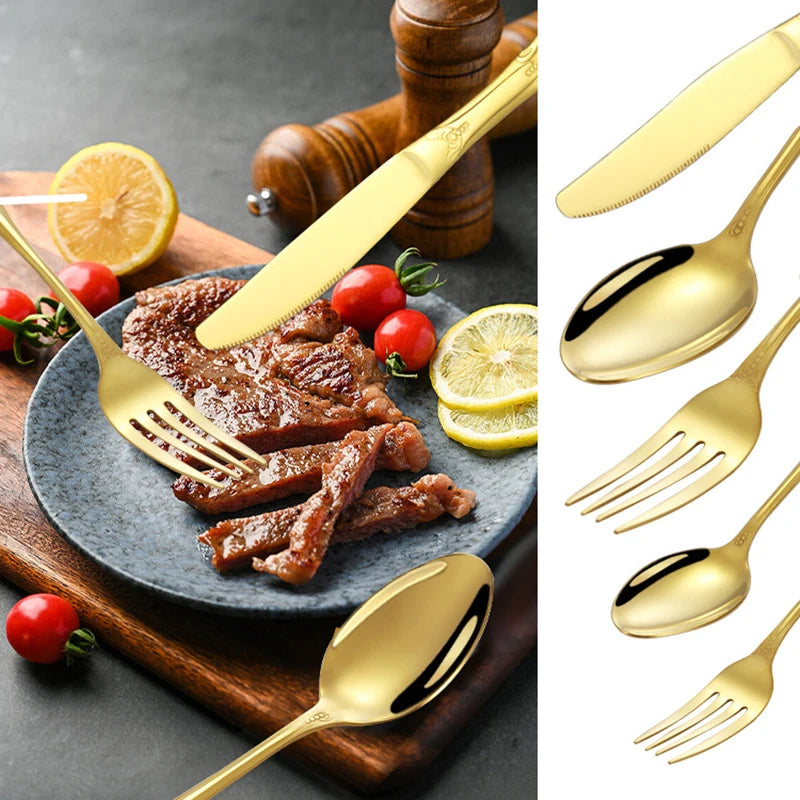 4/24pcs Elegant and durable vintage crown cutlery set - stainless steel cutlery for restaurants, home, parties and weddings.  The availability is limited to 4 pcs. of Gold, 4pcs of Silver, 24pcs. of silver.  Hoping this item