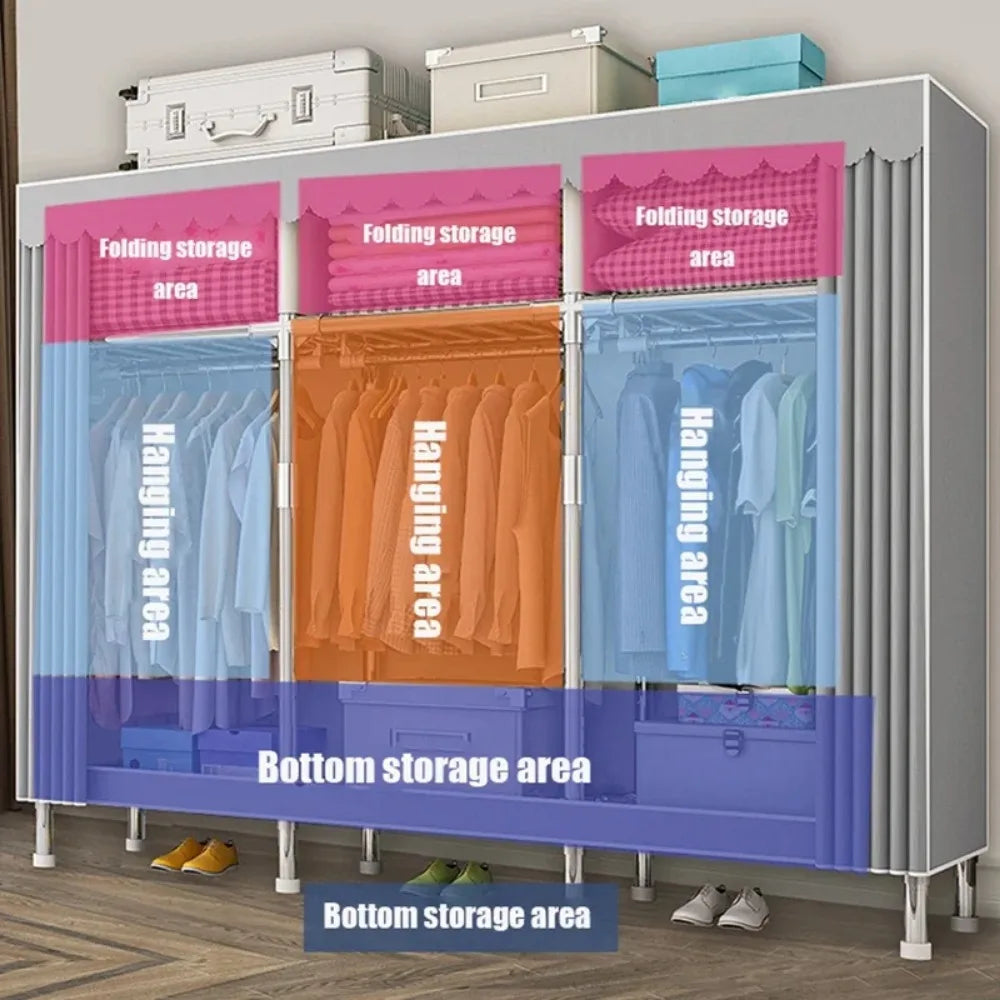 Dustproof Wardrobe Portable Bedroom Clothing Rack with Reinforced Storage Cabinet.  Oxford Cloth,  Waterproof Cupboard, Closet Organizer