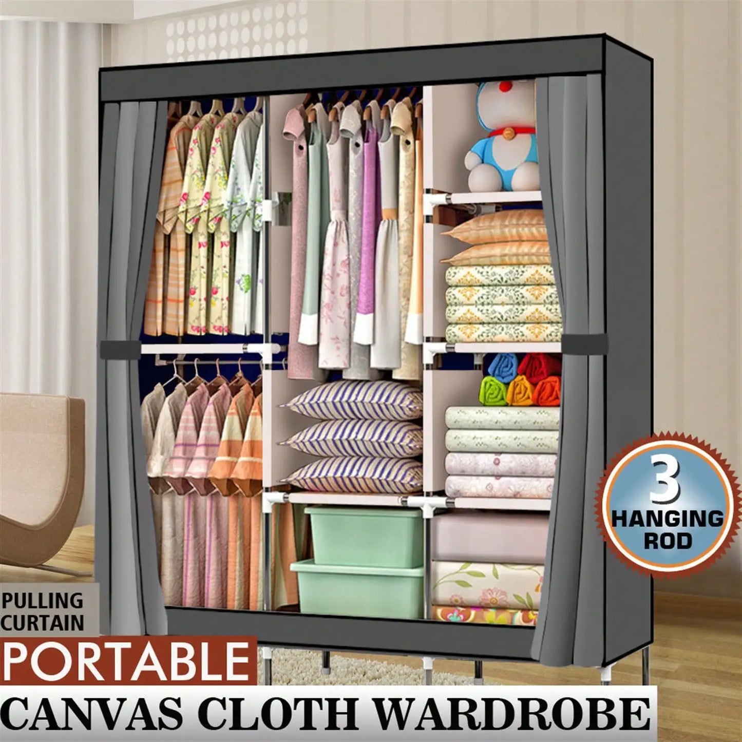 69 Inch Wardrobe Organizer,  Portable Bedroom Wardrobe, Clothes Rail With Non-Woven Cover, Clothes Storage Rack