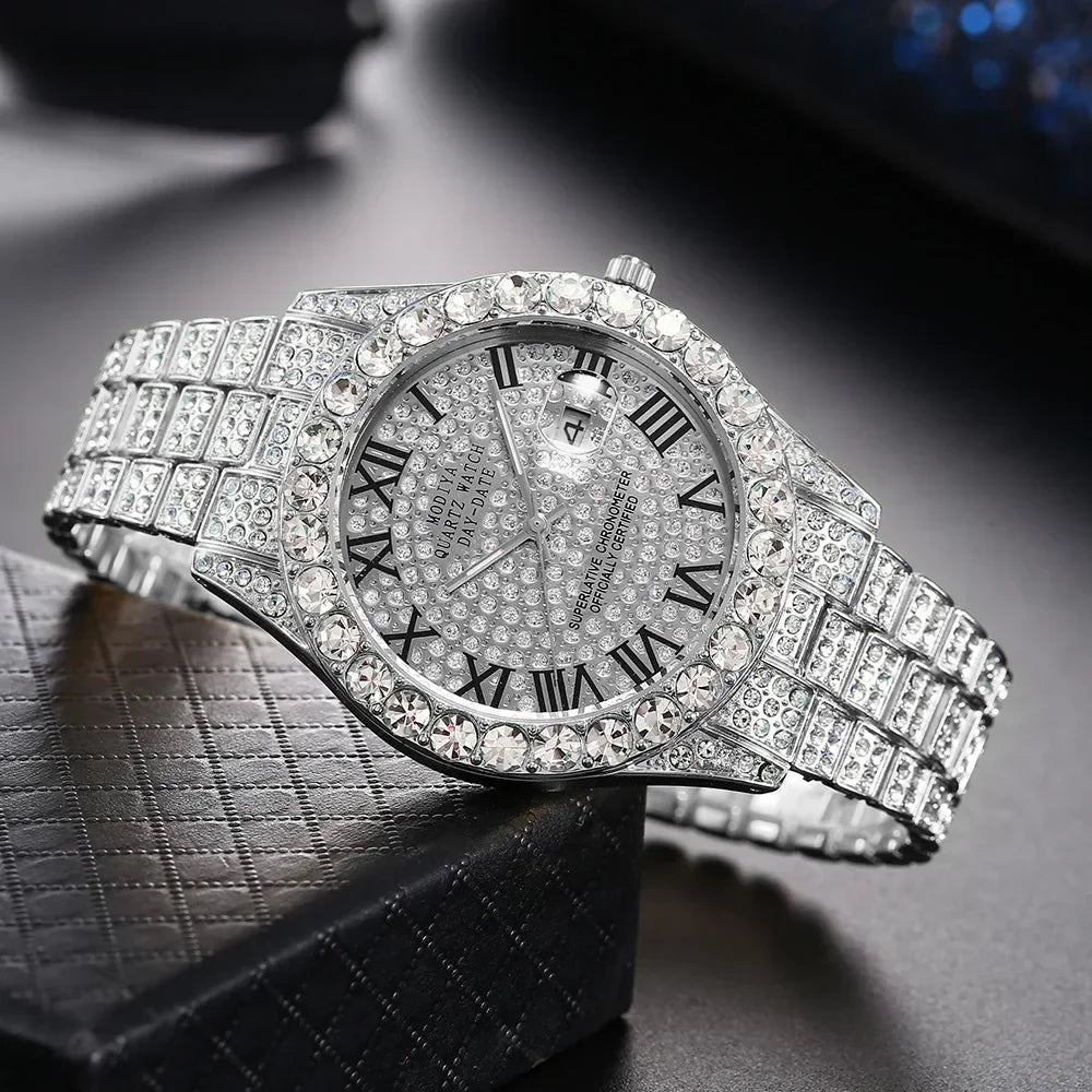 Hot Sale Diamond Bling Watch  for Men,  Gold Color,  Luxury Gift,  Quartz Watches, Mems Clock,  Dropshipping,   Rhinestone Calendar Wristwatch.  RED Face and   " 1 Gold Face "  are gone.  This is going fast.  Don't wait!!!