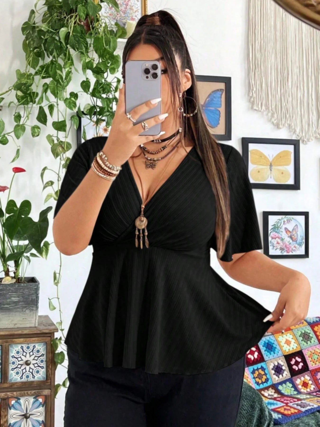 Plus Size (0XL though 6XL),  Ribbed Knit Tops  with Deep V Neck,  Flutter Sleeve, Peplum Blouse with  Curved Hem .