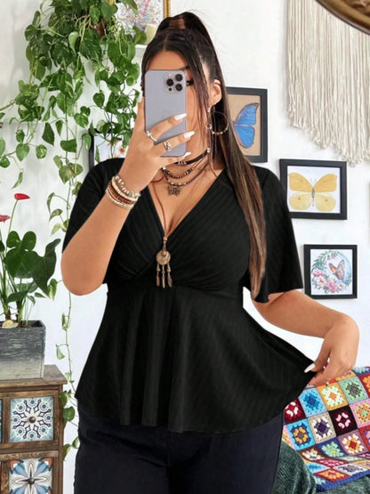 Plus Size (0XL though 6XL),  Ribbed Knit Tops  with Deep V Neck,  Flutter Sleeve, Peplum Blouse with  Curved Hem .