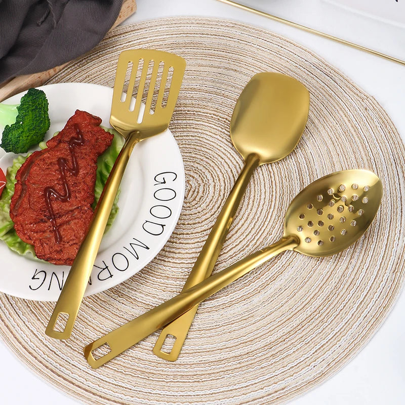 2/6pcs Stainless steel kitchenware set,  creative  golden soup spoon, colander,  hot pot spoon, cooking  and frying assists.