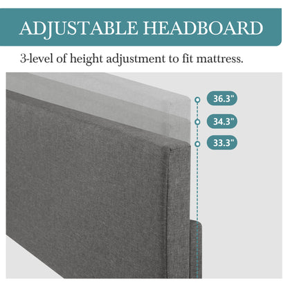 Upholstered Bed Frame with Adjustable Headboard, Soft Linen Fabric, Strong Supporting Structure, Noise-Free Allewie