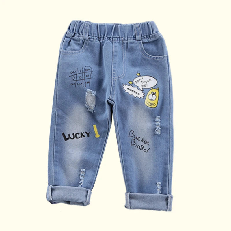 Children Jeans,   Boys Cotton Print Splice Stretch Denim Pants,  Teenage Trousers Wear,  Kids Clothing, Denim, Ripped,  Spring /Autumn