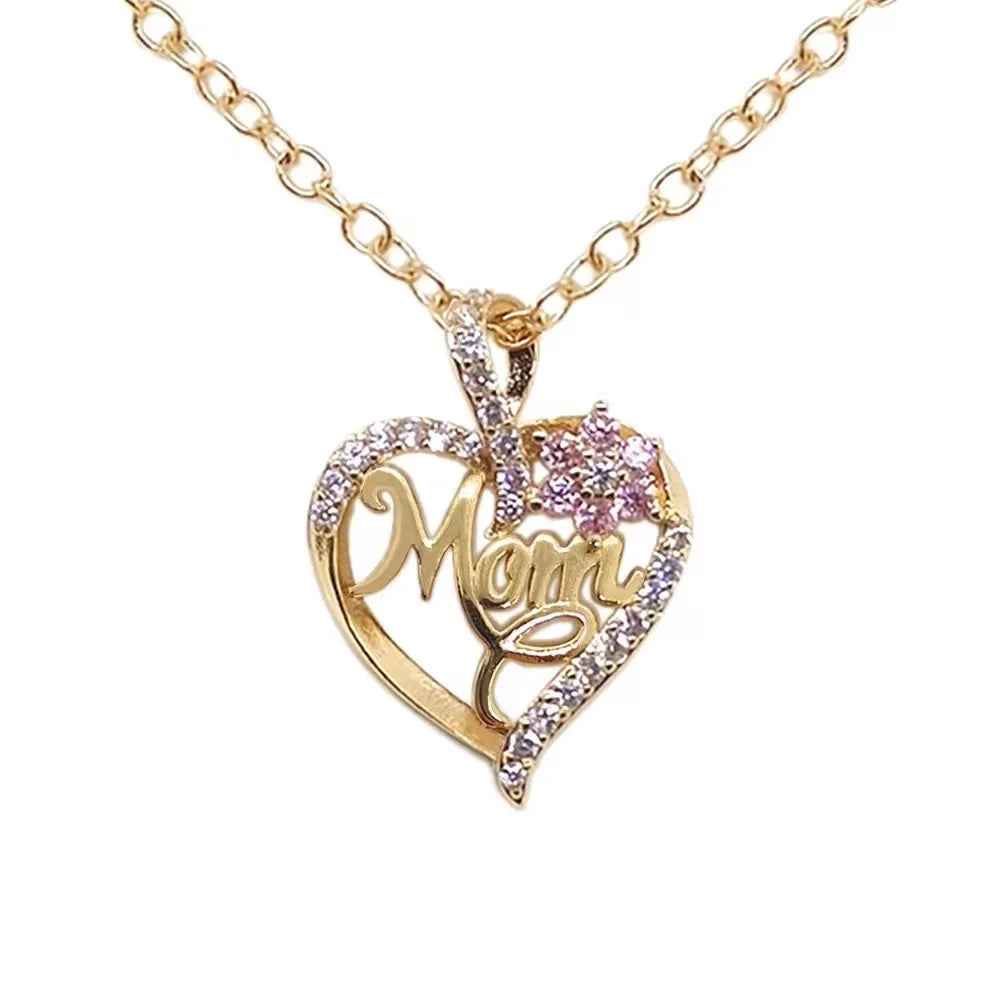 Gold-Plated Mom Heart Necklace with Cubic Zirconia - Dainty Valentine's Day Gift for Womens Fashion Jewelry