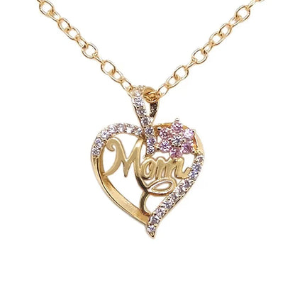 Gold-Plated Mom Heart Necklace with Cubic Zirconia - Dainty Valentine's Day Gift for Womens Fashion Jewelry