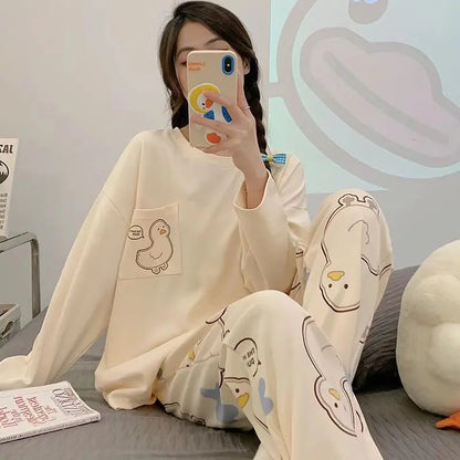 Spring and Autumn New Women's Thin Section Pajamas Homewear Suit Girls Summer Long-Sleeved Homewear Plus Size Cartoon Loose Suit