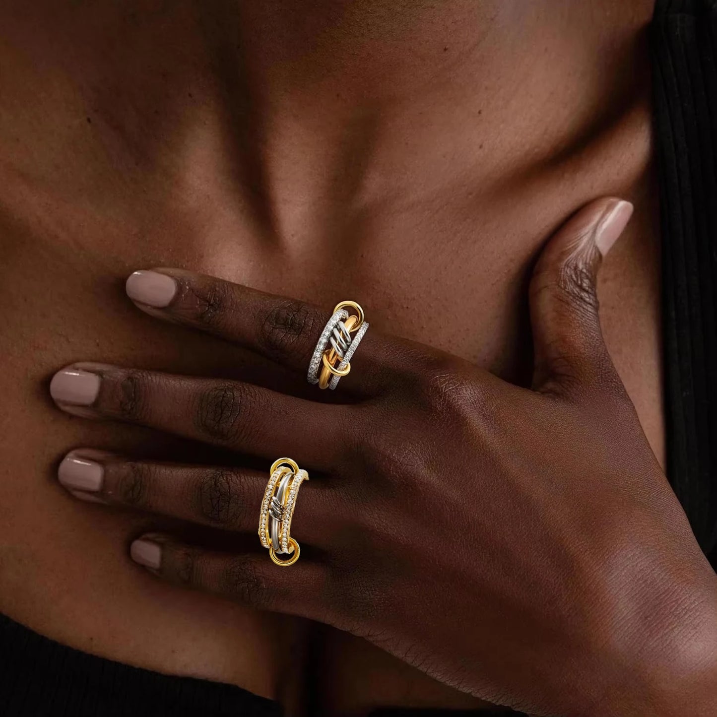 New Stainless Steel Cubic Zirconia Stackable Rings for Women  with 18k Gold- and ,Plating Multi-Link Connected Statement Ring,  Stacked Jewelry