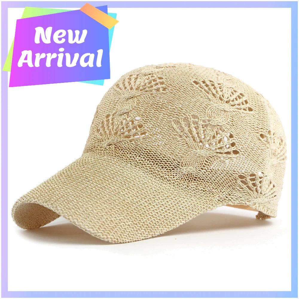 Summer Glossy Openwork Knit Baseball Cap for Women,Outdoor Sun Protection Hat Breathable Flattering Versatile.  BEIGE and KAIKI are gone.  Other colors are GOOD.