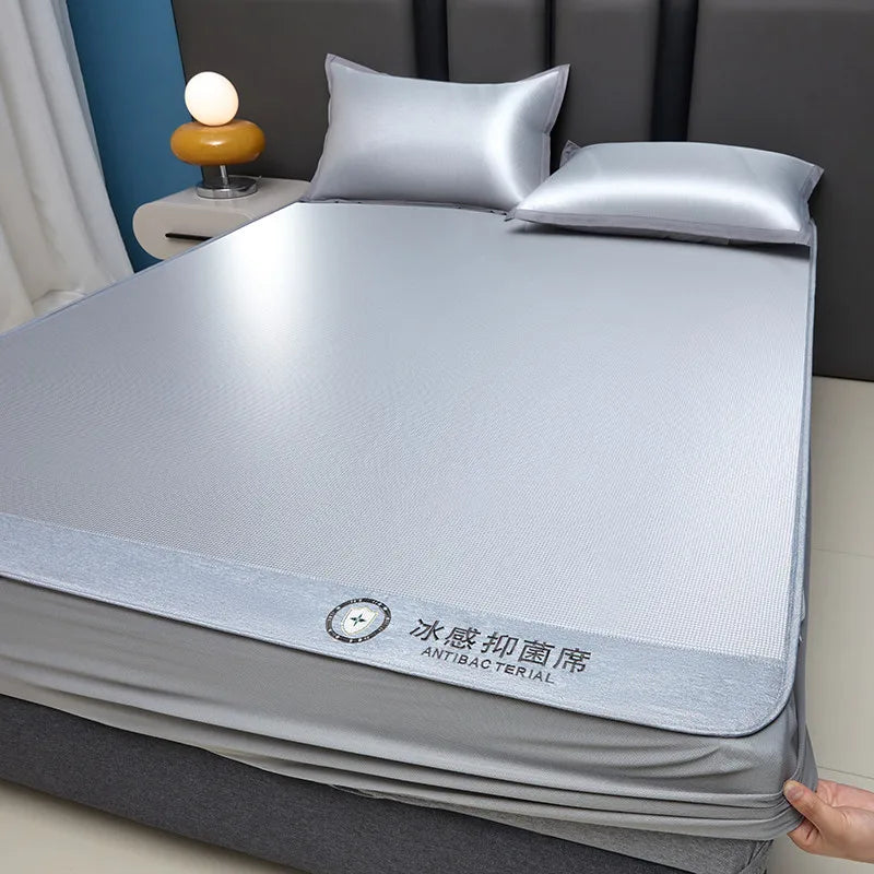 Fitted Cooling Summer Mat 3pcs Set Fitted Sheets, Cool Mattress Cover + 2 Pillowcases Soft Breathable Washable for AC Room