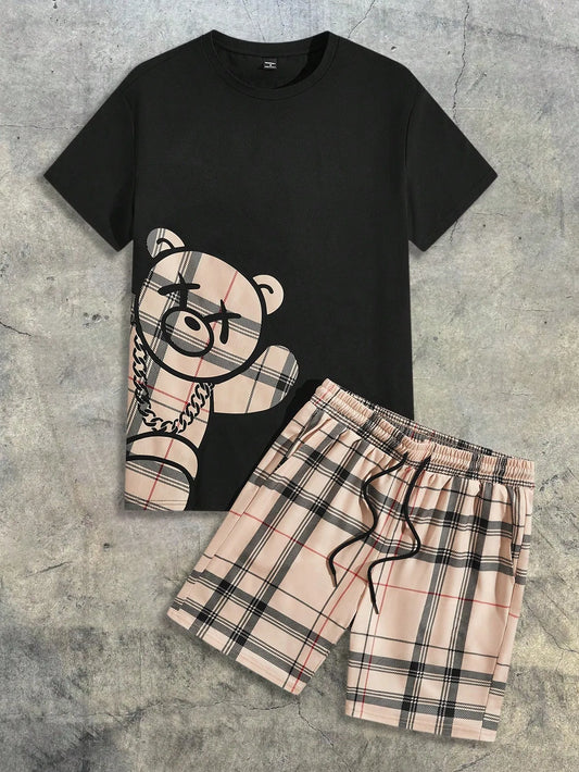 2026 Summer Little Boys , Short-Sleeved Shorts Set with Bear Print Breathable Lightweight Casual Fashionable Outdoor Childs Clothing