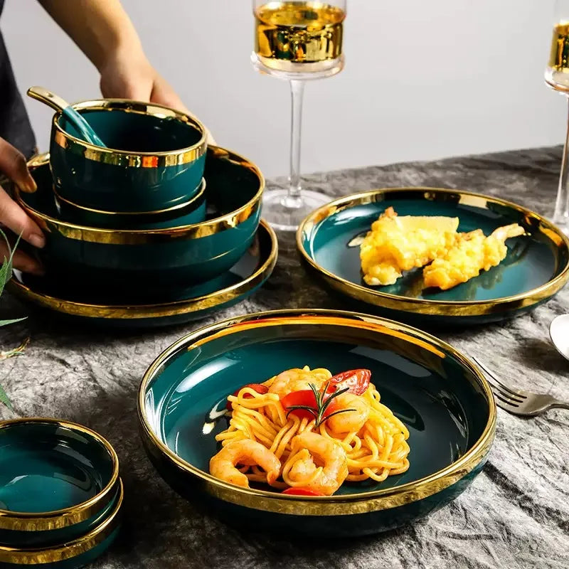 Luxury Forest Green Ceramic Dinnerware Set,  Including  Shallow Plates,  Rice,  Soup Bowls,  Fish,  Dish And Spoon