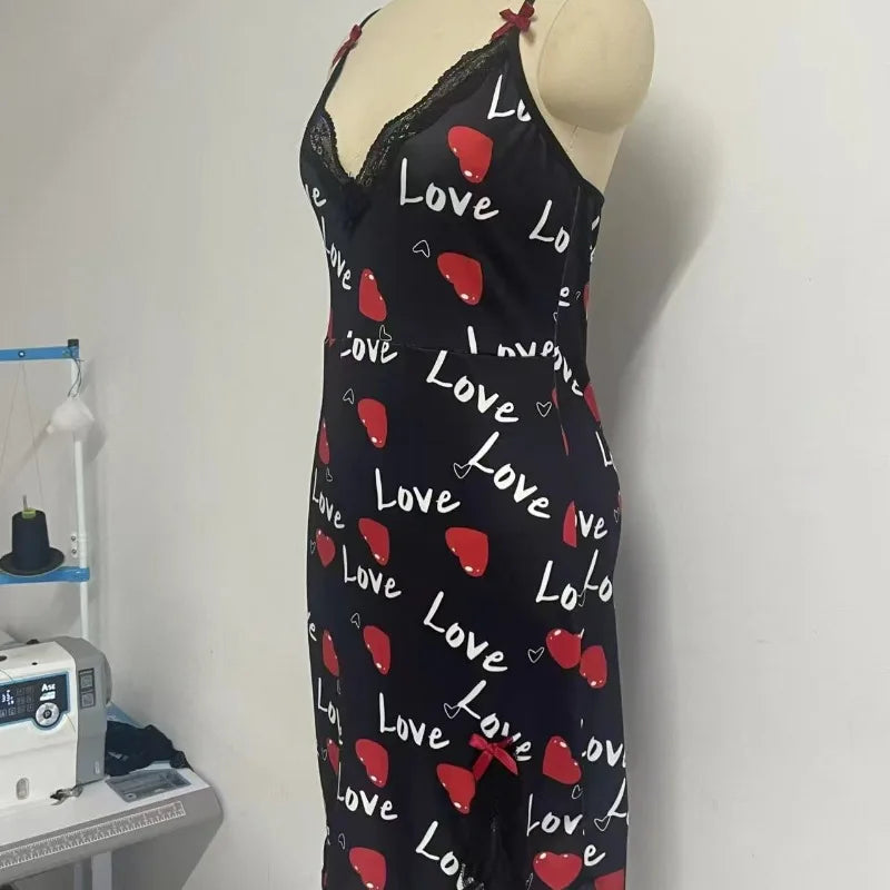 Lace Edge V-Neck Sling Side Split Sleepwear.   Women's Printed Love Letter in  Black.