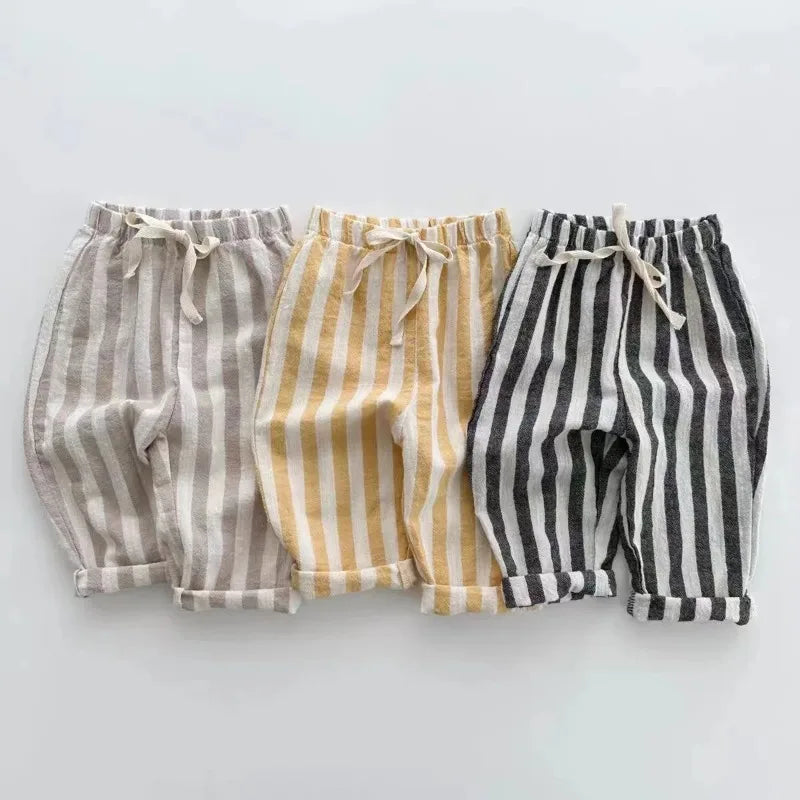 Vintage Linen/ Cotton Stripe Pants for Boys and girls.   Casual Pocket Design, Elastics Waist Pants for Toddlers