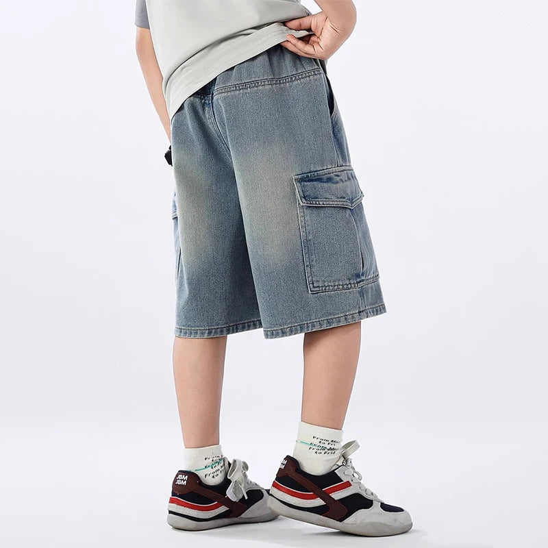 Teen Boys Denim Shorts,  Solid Color,  Big Pocket,Thin Jeans /Pants For 4-14 Year old  BOYS