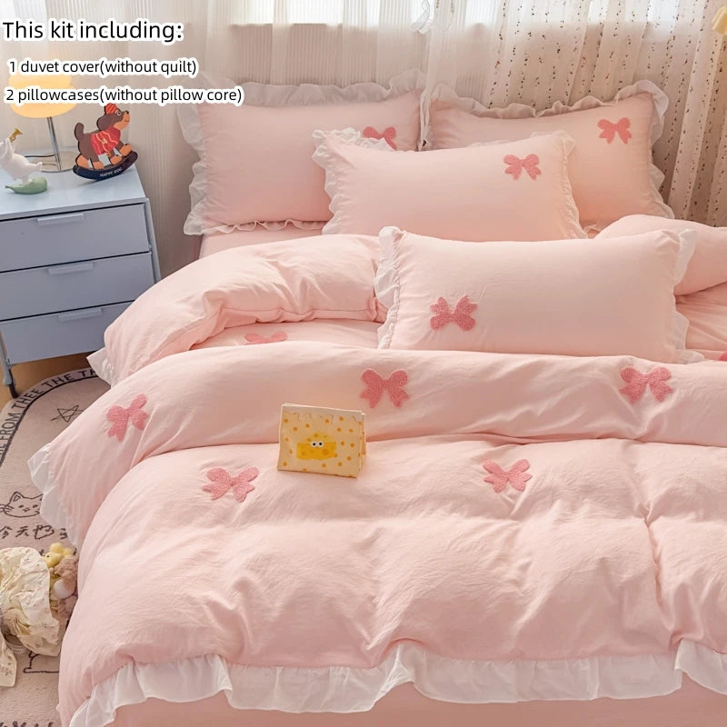 3 Piece Sheet Set  pink bowknot embroidery Quilt Set ， comfortable embroidery  Bedding Set Bedspread for All Season
