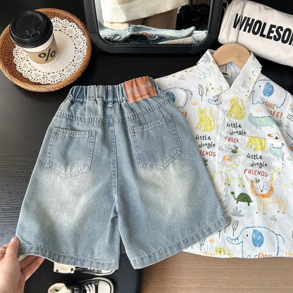 Summer Boys Shorts, Cartoon Embroidery, Boys Denim Shorts Water Wash, 2-10Yrs Boys Horse Pocket Jeans