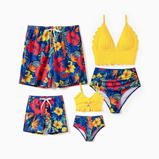Family Matching Swimwear Set, Floral Design, Fabric Stitching, Medium Thickness