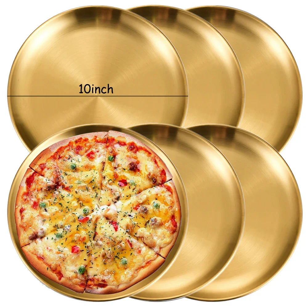 6Pcs Gold Stainless Steels Round Plate Rust-Proof Shallow Tray Plate Camping Plate,  Picnic Dishes Cookware,  There are 3 sizes left.  they are 30 cm, 26 cm, and 14 cm.  14 cm is the most available.