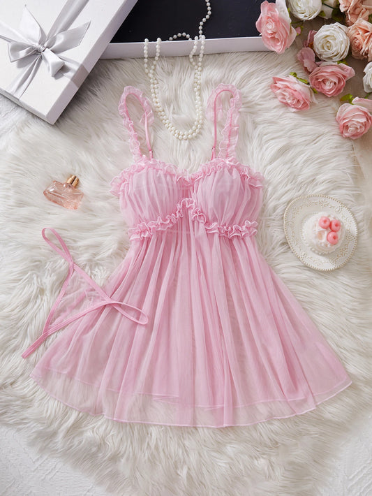 Womens Perspective Mesh Nightdress  with Bow Wrapped Around Chest.   Pink,  Sexy Babydoll Lingerie  for Valentine Day Gift or any other Day.