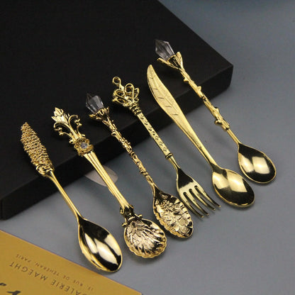 6pcs Vintage Spoons /Fork Royal Style Gold Carved Coffee,  Tea,  Spoon Snacks,  Fruit,   Dessert Fork/ Cutlery Set Serving Pieces