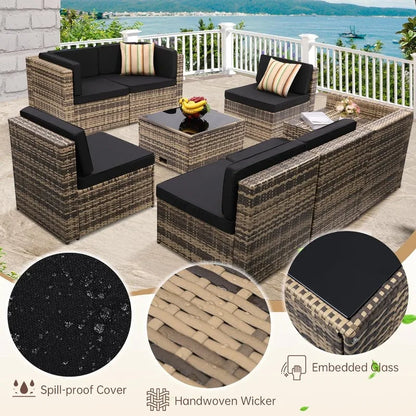 8- Piece Outdoor Wicker Patio Furniture Sectional Set, Glass Top Table With Hidden Storage, Includes 7 Seating Components