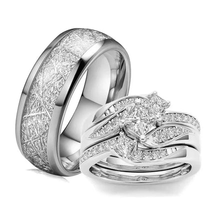 Charm Couple Rings. Romantic Women s Rhinestones CZ Rings Set  with  Trendy Mens  Stainless Steel Rings Wedding Band Jewelry For Lovers Gift