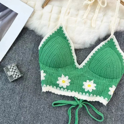 National Style Women Swimwear Top with Chest Pads Bohemian Beach Wear Outfit Crochet Hanging Neck Summer Sling Beach Vacation