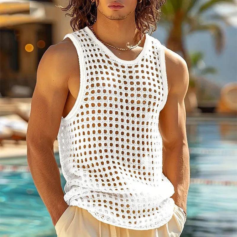 New American Style Fashion Men Tops Popular Vacation Hollow Out Mesh Vests Sexy Casual Sleeveless Tank Tops S-2XL.  There are a few sizes left in Green, Gray and Black.  Hurry on ths one, and Check your sizing carefully.