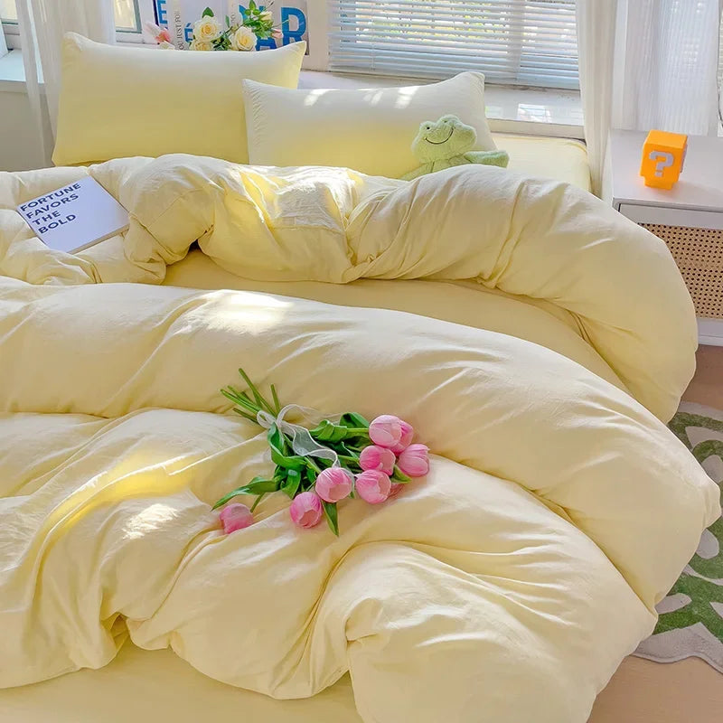 Solid Bed Linen Cotton Bedding Set 4pcs with Sheet Duvet Cover,  Pillowcases, Single/  Couple Bedsheet Single / Couple Twin Size