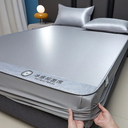 Fitted Cooling Summer Mat 3pcs Set Fitted Sheets, Cool Mattress Cover + 2 Pillowcases Soft Breathable Washable for AC Room