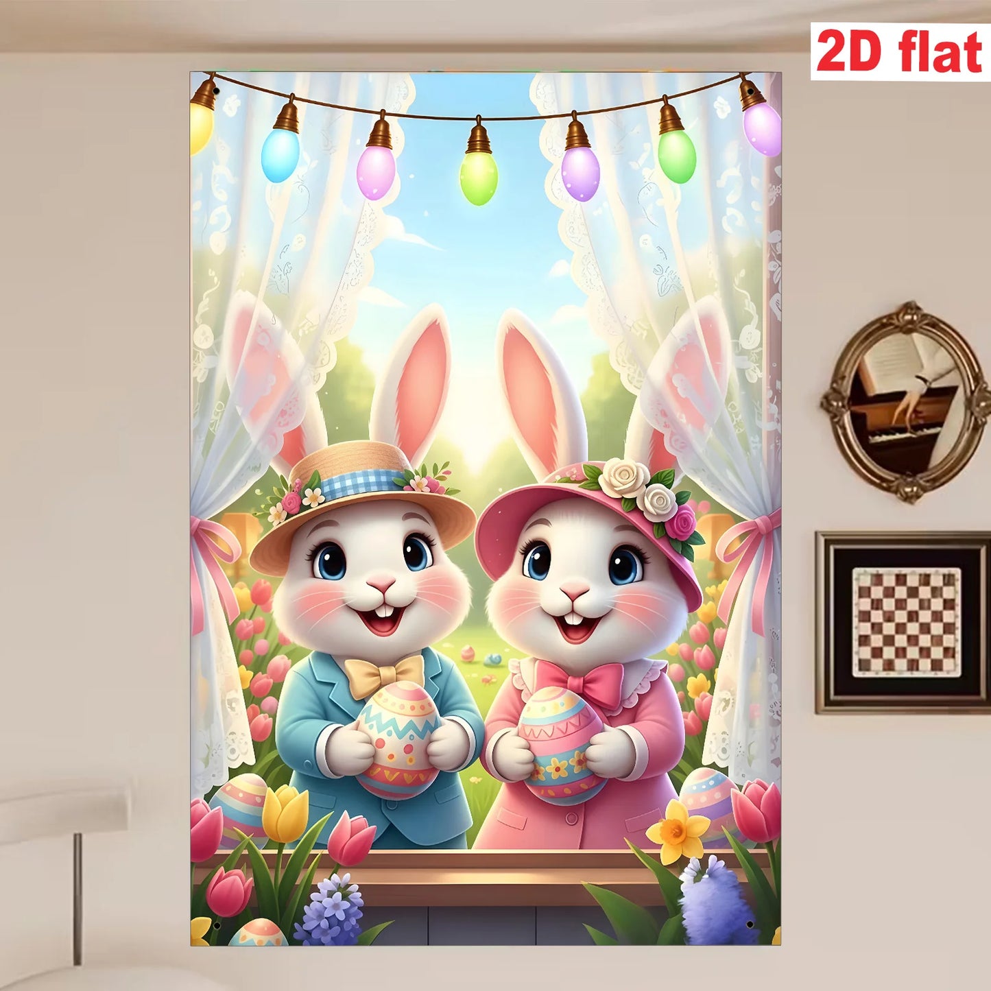 2D flat - 1 Easter party banner: Polyester flat banner with rabbit, Easter egg, tulip and curtain design