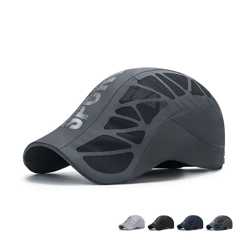 MenS  Quick- Dry Hat.  Golf,  Driving ,Cycling, All Sports.   Letter Print Newsboy Flat.  Summer Baseball Caps  thats Breathable,  Net,  Mesh Sunhat. There are 2 Colors with some availability and a they are NAVY and GRAY.  Co