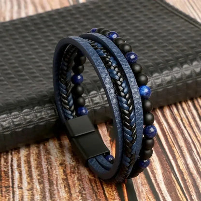 Men Leather Bracelet, Classic Fashion Tiger Eye Beaded Multi Layer Leather Bracelet For Men Jewelry Gift