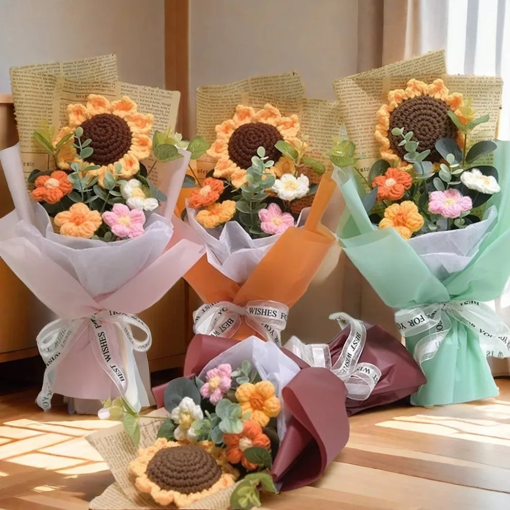 Artificial Flower Crochet Bouquet,  Handmade Anniversary Gift of Sunflower,  Daisy Bouquet for Mothers Day,  Birthday Gif, Etc.t