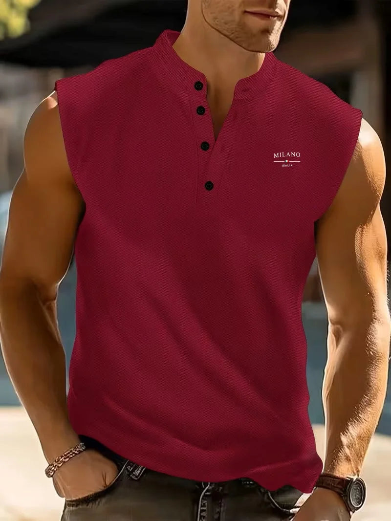 Summer Men's Casual Sleeveless T-Shirt Milano Embroidery Stand Collar Henley Tank Top Beach Sportwear.  White is gone but 3-4 colors are available Depending on the size you need
