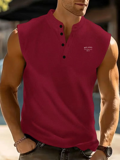 Summer Men's Casual Sleeveless T-Shirt Milano Embroidery Stand Collar Henley Tank Top Beach Sportwear.  White is gone but 3-4 colors are available Depending on the size you need