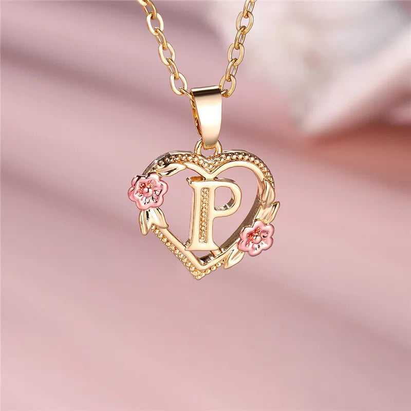 A-Z Letter Flower Pendant Necklace,  Yellow Gold  Wedding Jewelry GifTS