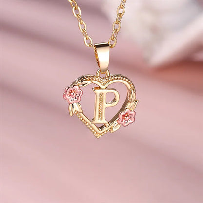A-Z Letter Flower Pendant Necklace,  Yellow Gold  Wedding Jewelry GifTS
