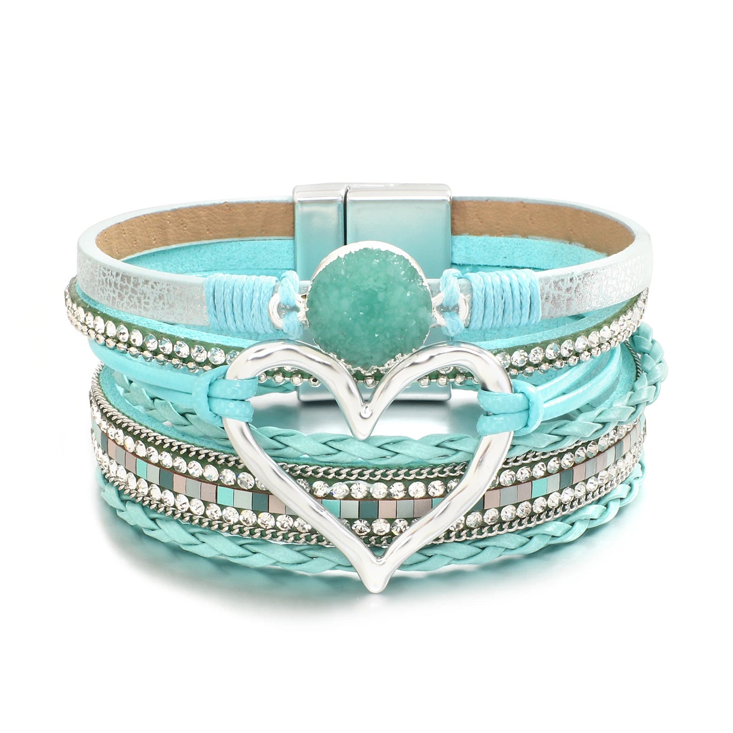 Metal Love Heart Charm,  Leather Bracelets for Women, Fashion Rhinestone Braided Wrap Bracelet , Bangle Female Jewelry Gifts
