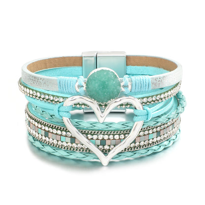 Metal Love Heart Charm,  Leather Bracelets for Women, Fashion Rhinestone Braided Wrap Bracelet , Bangle Female Jewelry Gifts