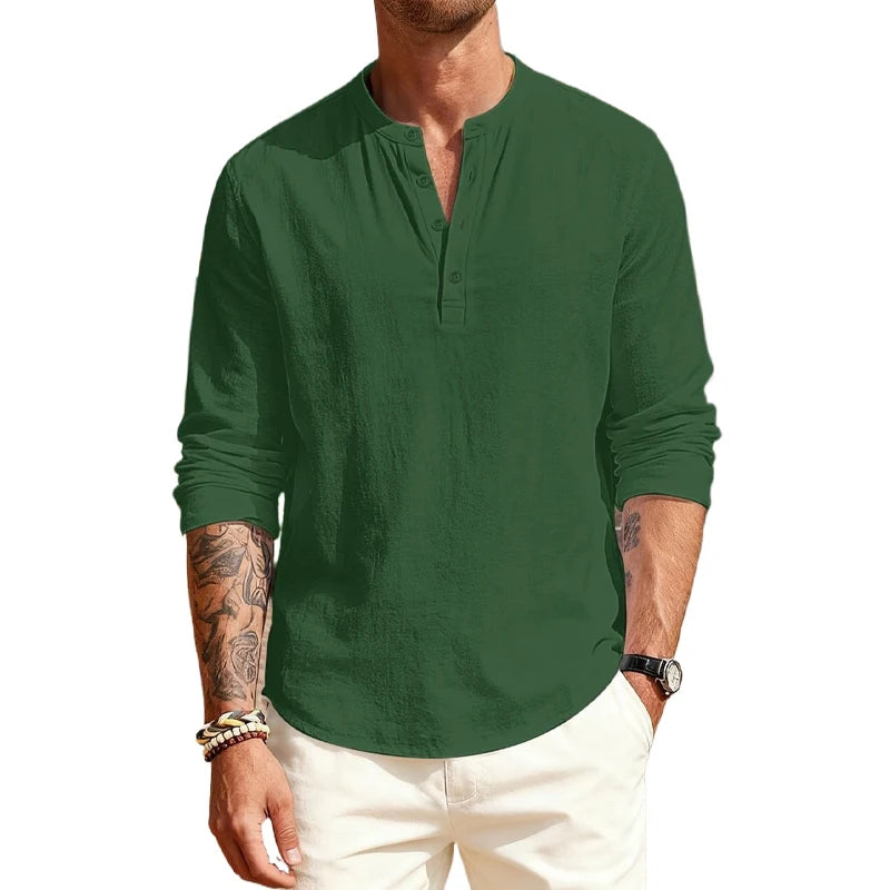 Cotton T - Shirts with Long Sleeves. Casual Henley, 9  or 10 Solid Colors  of  T-shirts for Men.
